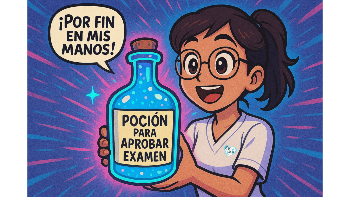 Estudiante de enfermería sostiene emocionada una botella mágica azul con la etiqueta “Poción para aprobar examen”, representando de forma divertida la ansiedad y esperanza frente a los exámenes.v
